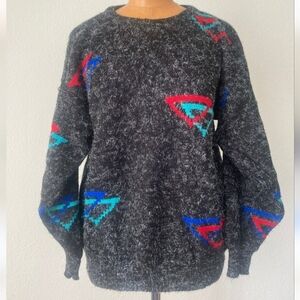 Vintage 1980s black Fuzzy with Triangles crewneck acrylic Sweater Medium